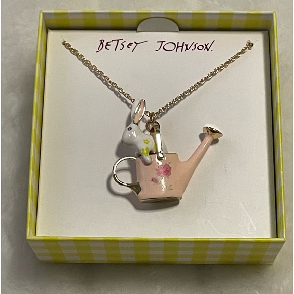 Betsey Johnson Pink Watering Can Necklace with Bunny - Picture 1 of 2